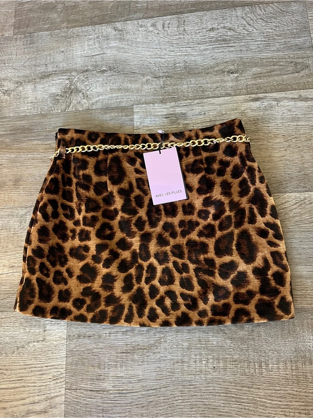 Avec Les Filles Leopard Print Mini Skirt with Gold Belt Detail